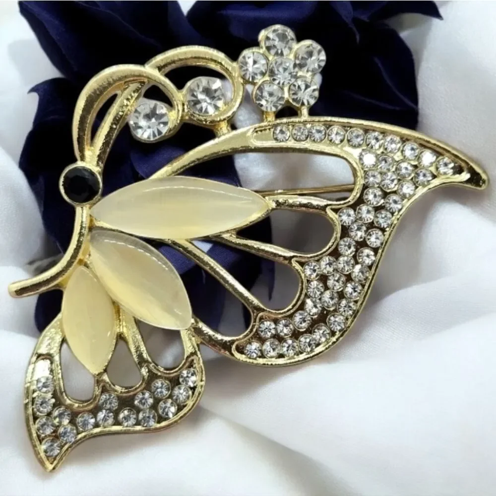 Elegant Gold Butterfly Rhinestone Brooch Pin Large Statement Lapel Accessory